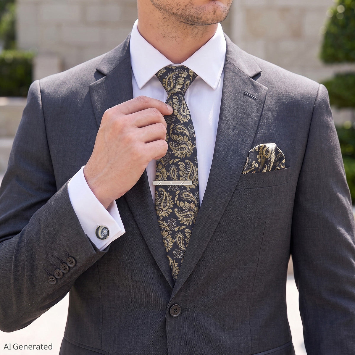 Men's Paisley Floral Tie Gift Set with Matching Pocket Square Cufflinks and Silver Tie Clip