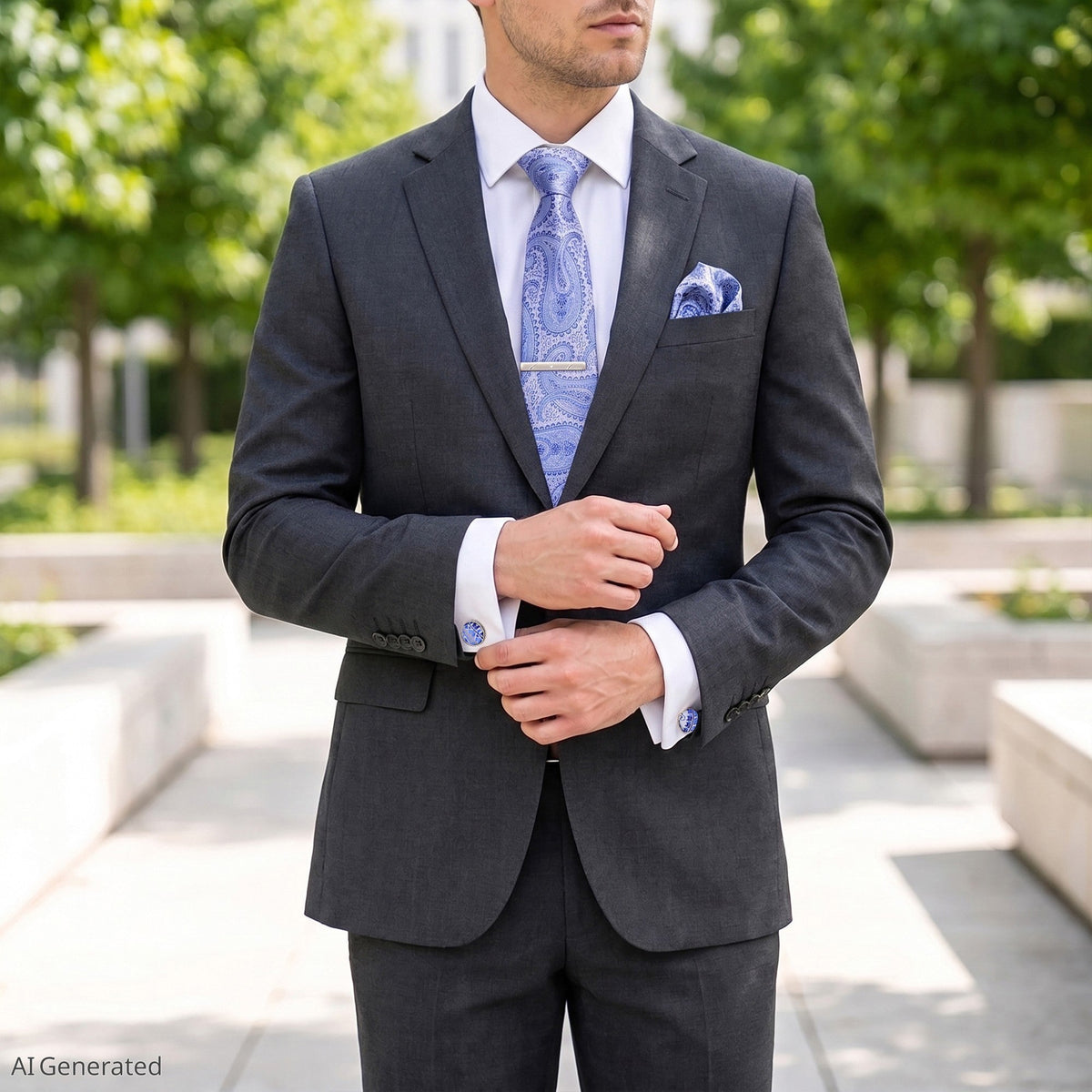 Men's Paisley Floral Tie Gift Set with Matching Pocket Square Cufflinks and Silver Tie Clip