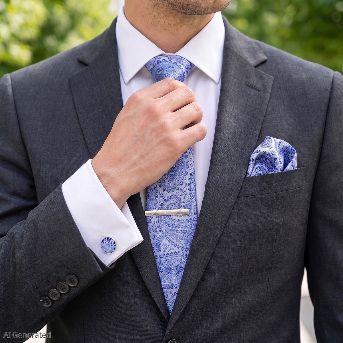 Men's Paisley Floral Tie Gift Set with Matching Pocket Square Cufflinks and Silver Tie Clip