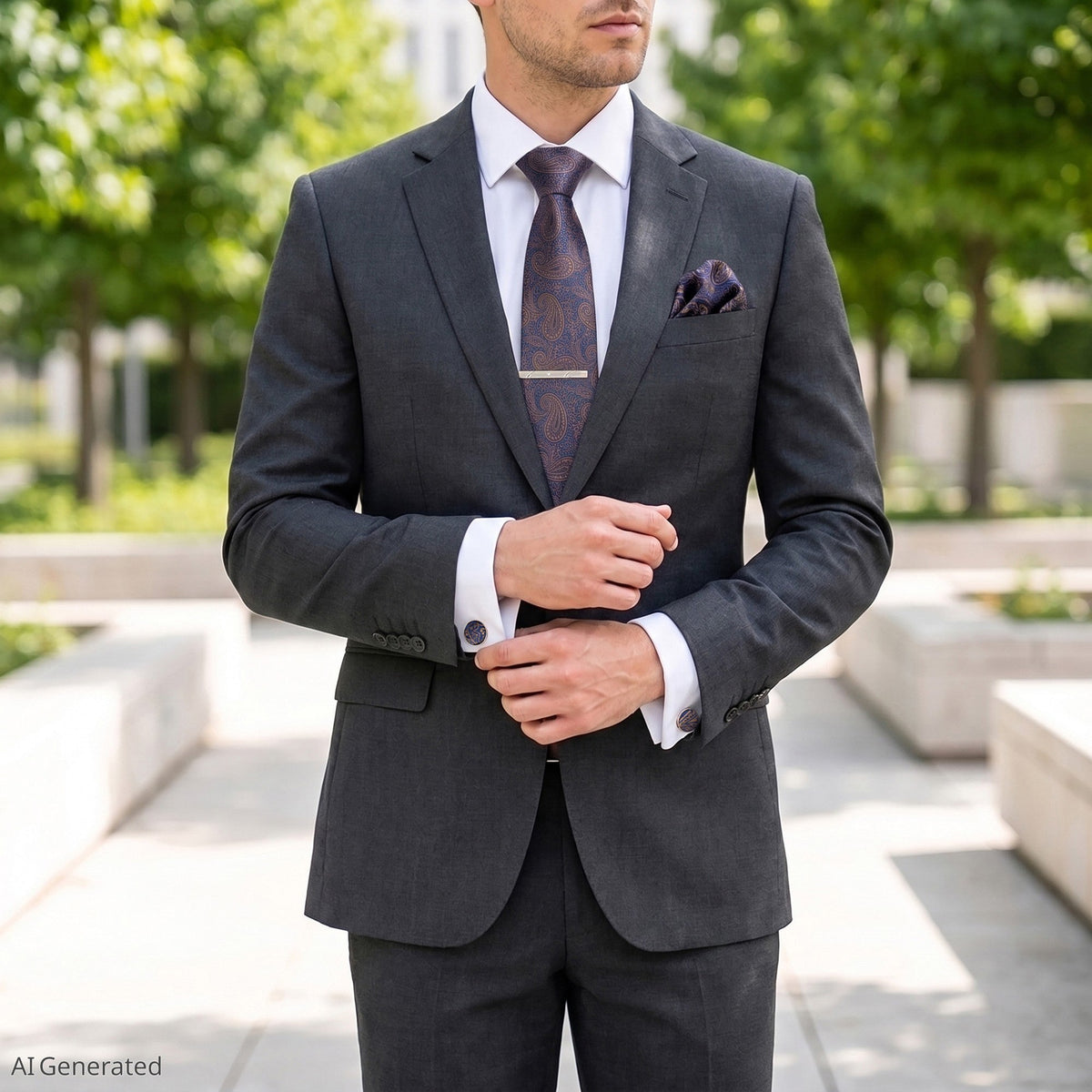 Men's Paisley Floral Tie Gift Set with Matching Pocket Square Cufflinks and Silver Tie Clip