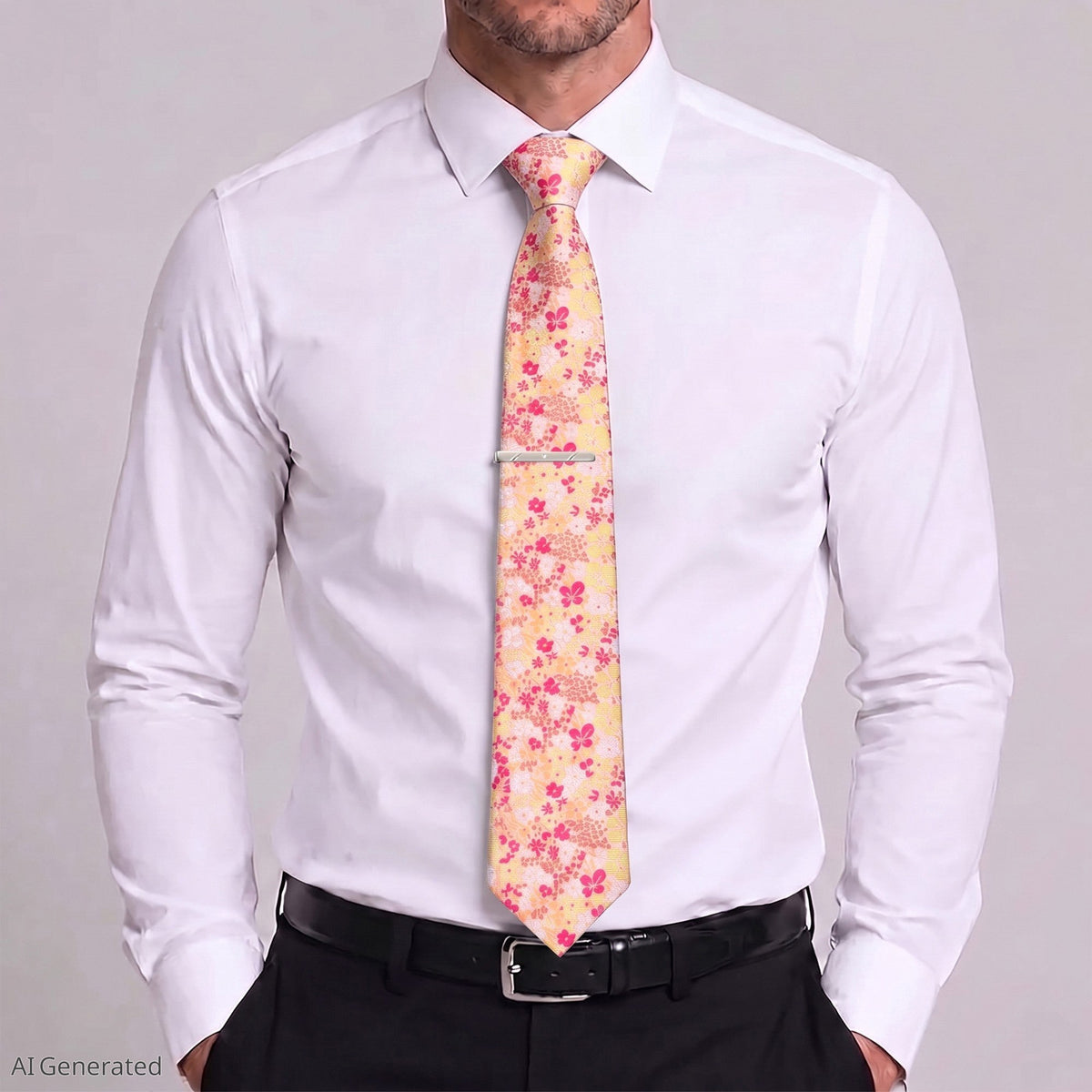 Men's Paisley Floral Tie Gift Set with Matching Pocket Square Cufflinks and Silver Tie Clip