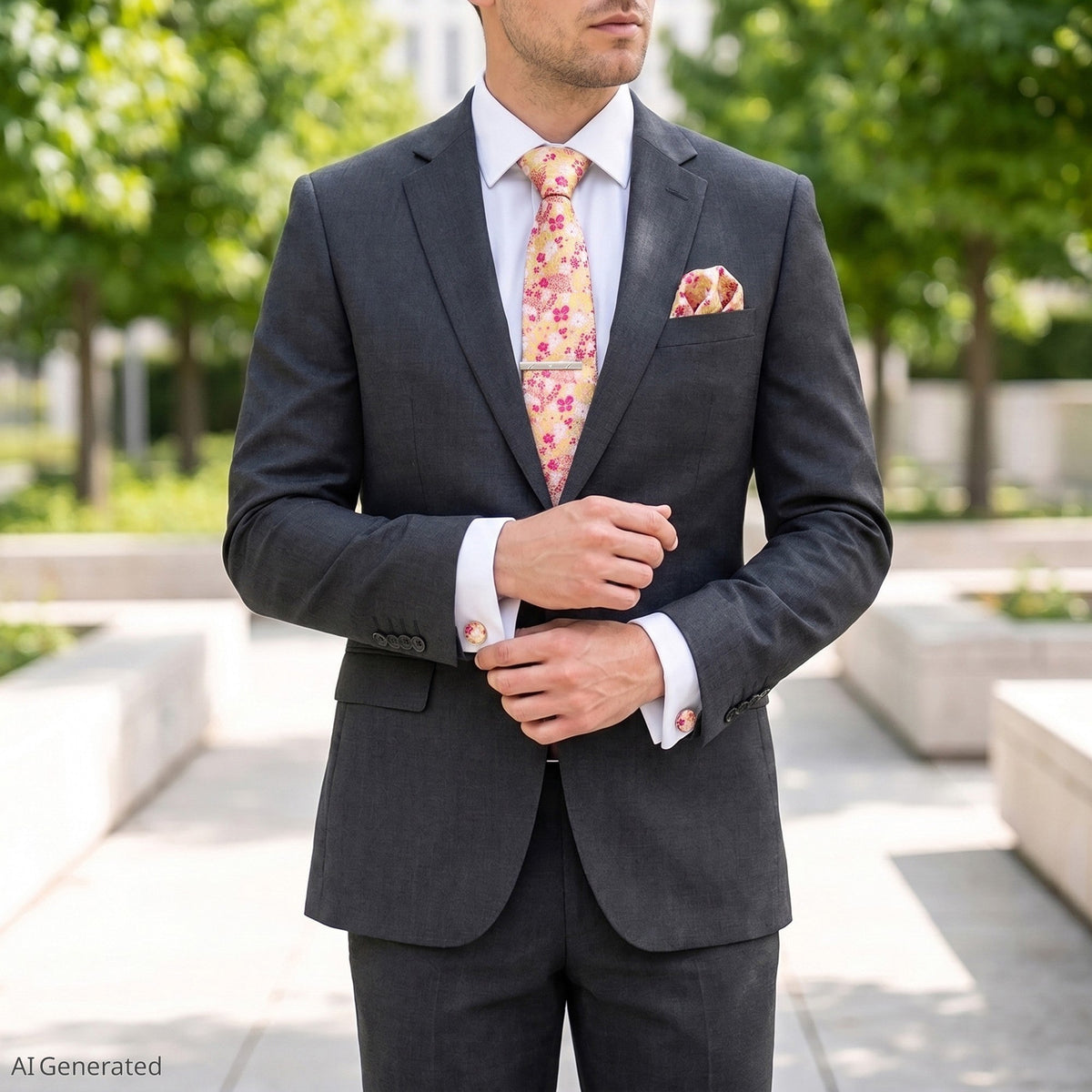 Men's Paisley Floral Tie Gift Set with Matching Pocket Square Cufflinks and Silver Tie Clip