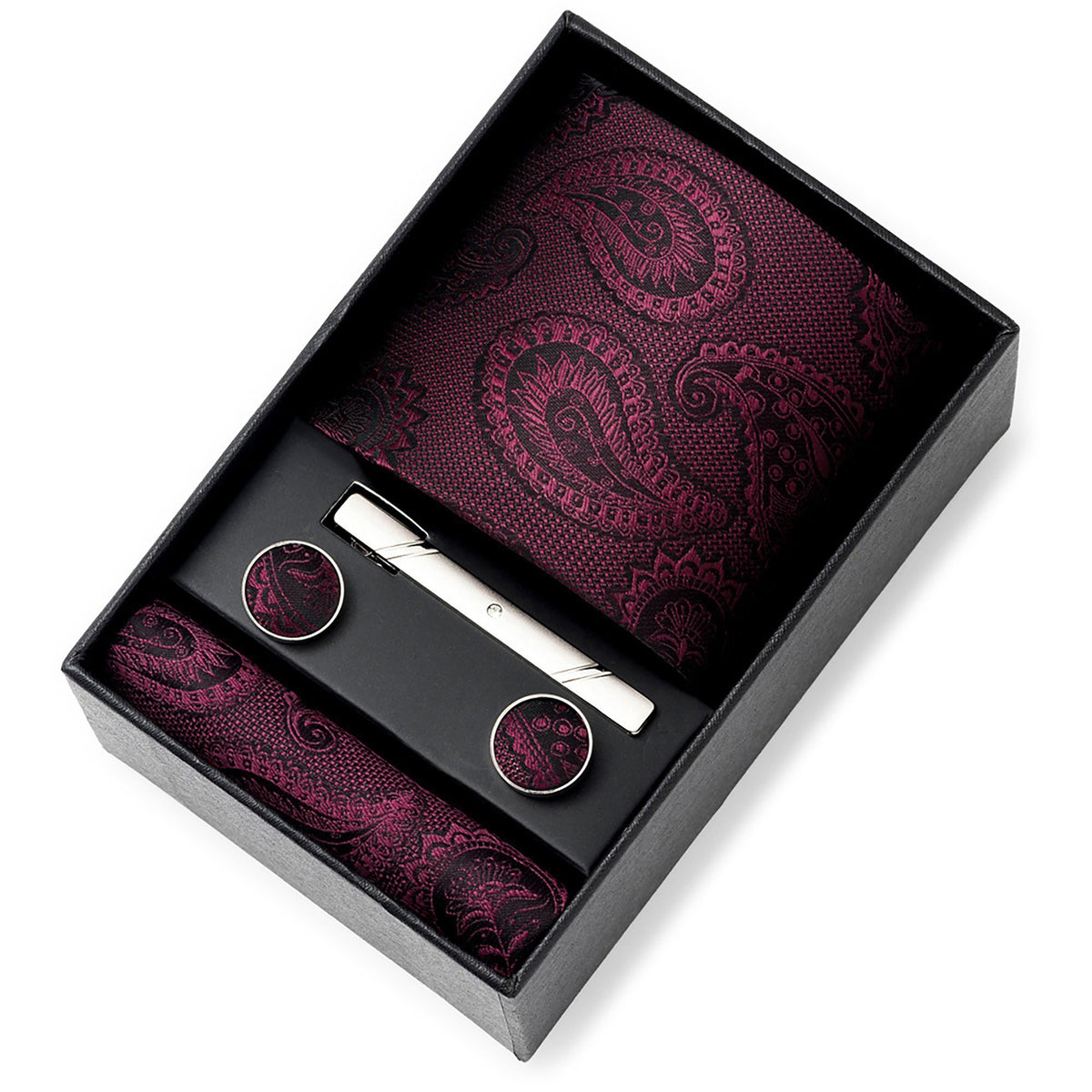 Men's Rose Floral Tie Gift Set with Matching Pocket Square Cufflinks and Silver Tie Clip