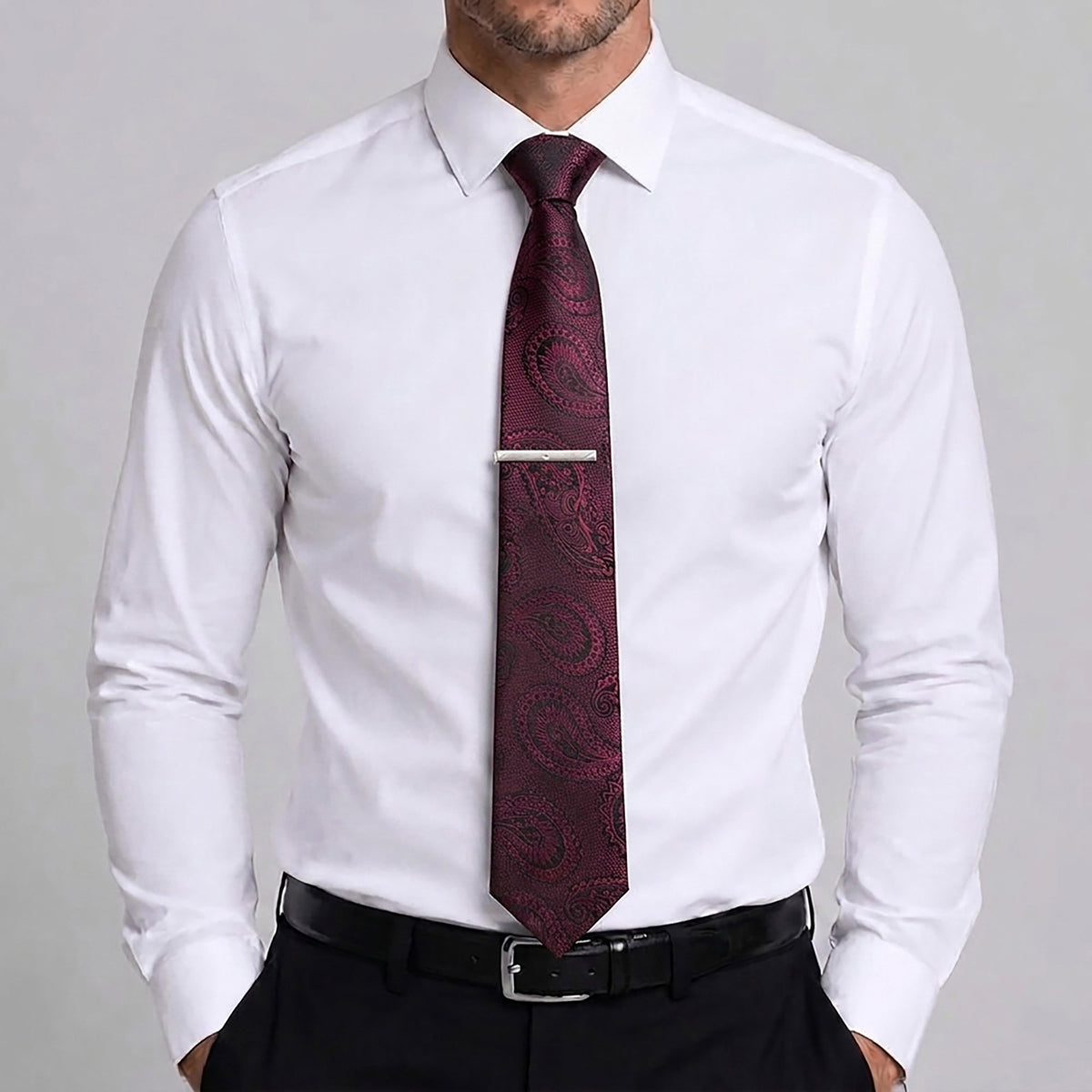 Men's Rose Floral Tie Gift Set with Matching Pocket Square Cufflinks and Silver Tie Clip