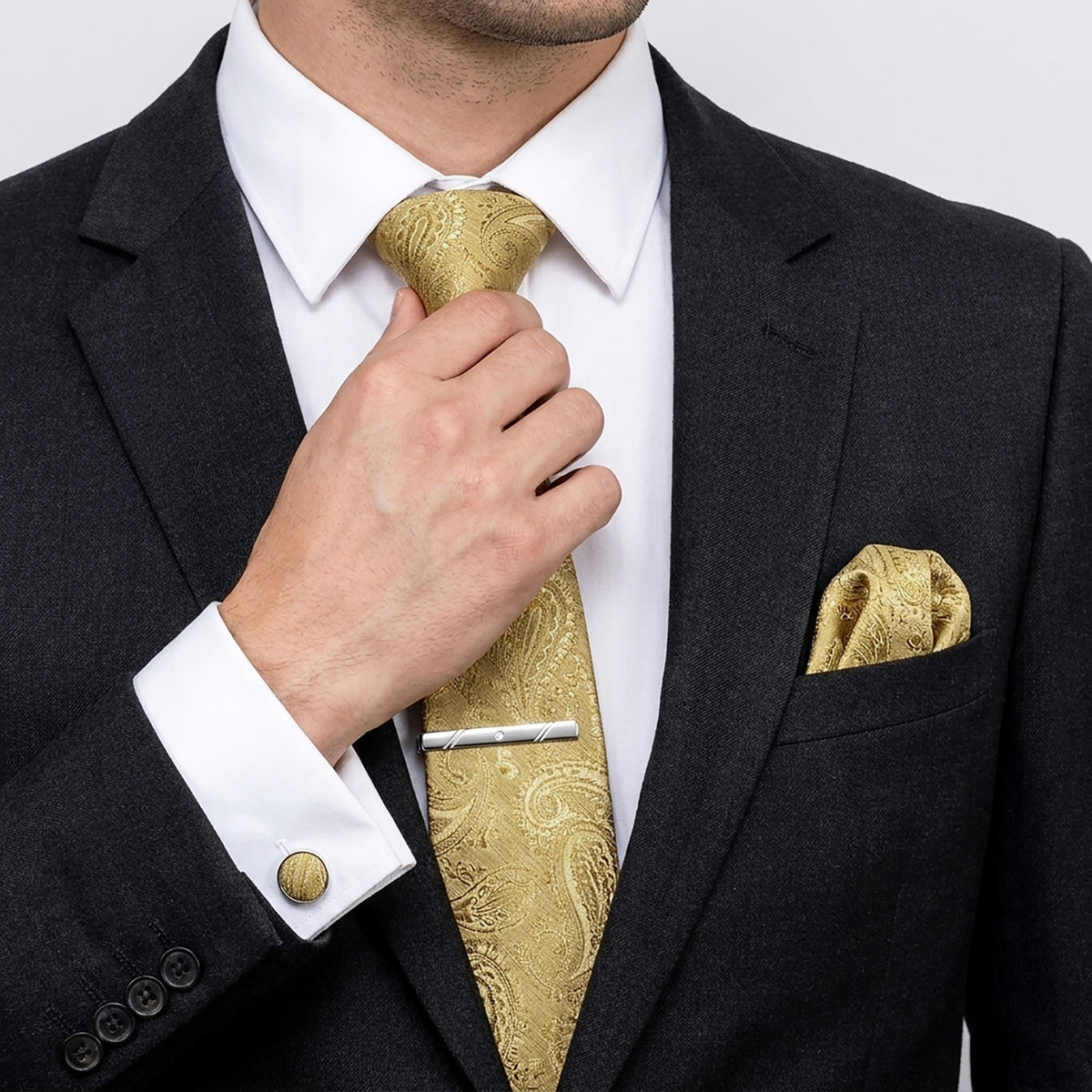 Men's Rose Floral Tie Gift Set with Matching Pocket Square Cufflinks and Silver Tie Clip