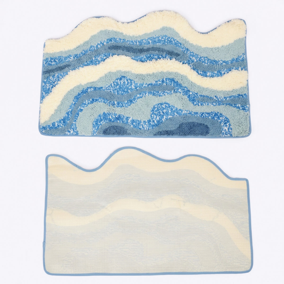 Abstract Ocean Wave Plush Bathroom Mat with Irregular Scalloped Edge