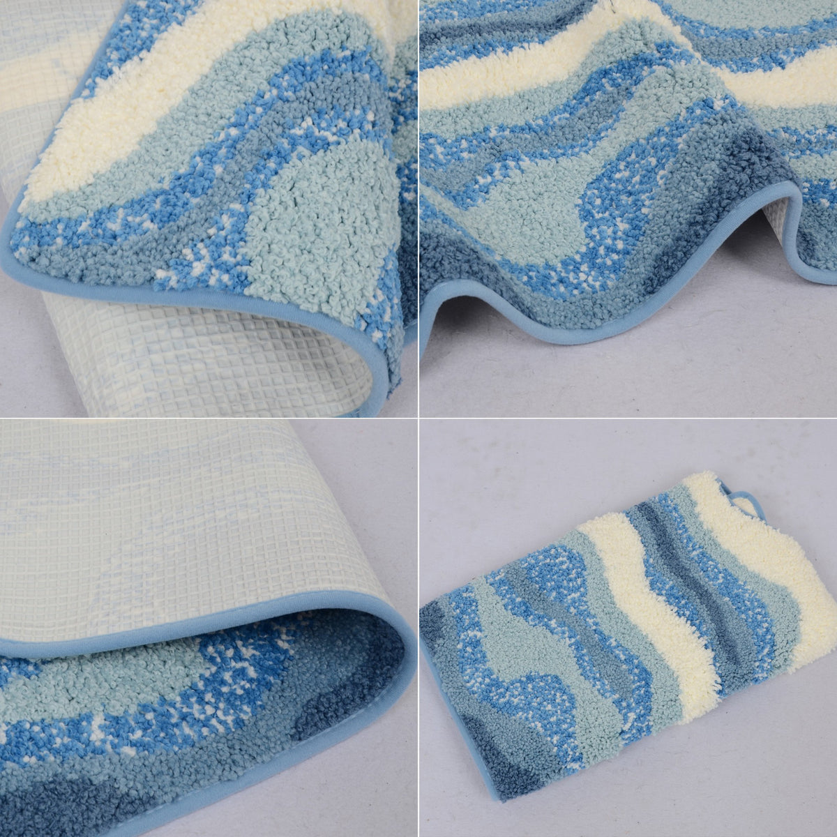 Abstract Ocean Wave Plush Bathroom Mat with Irregular Scalloped Edge