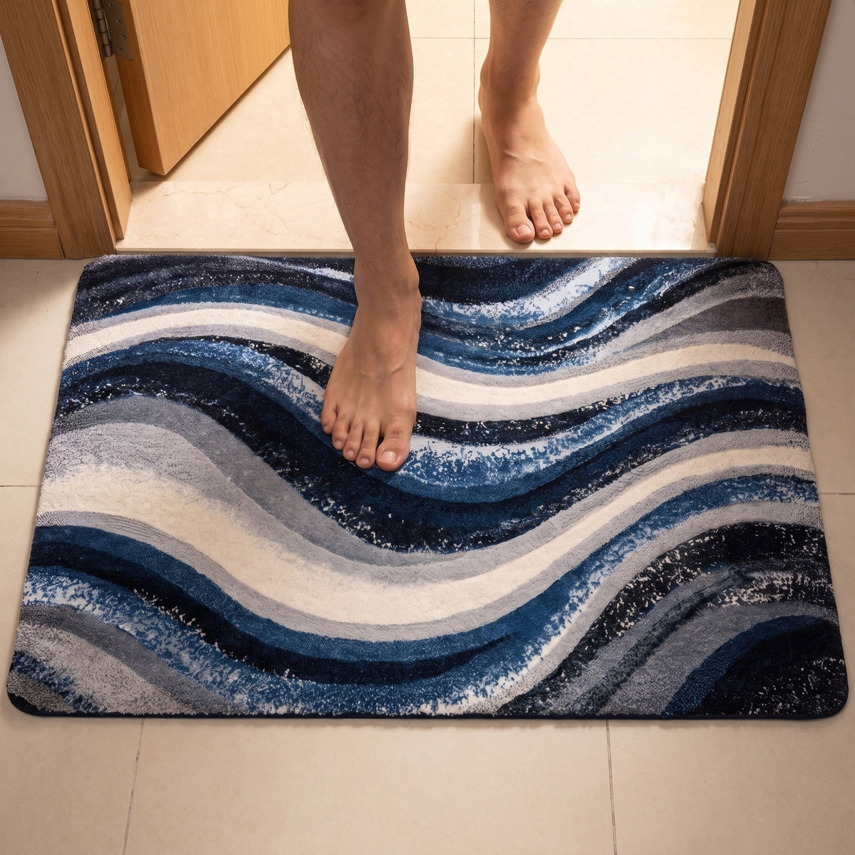 Alfombra de baño de felpa con diseño de ondas en azul marino abstracto y líneas arremolinadas