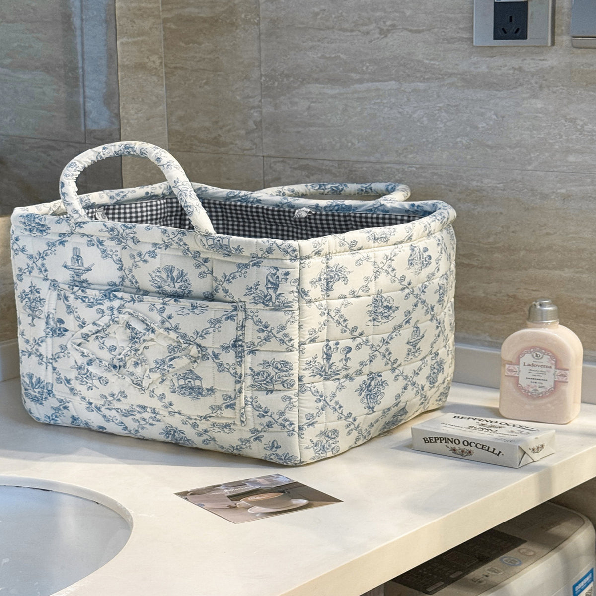 Quilted Floral Storage Caddy with Handles for Dorm Bathroom Vanity and Laundry Room