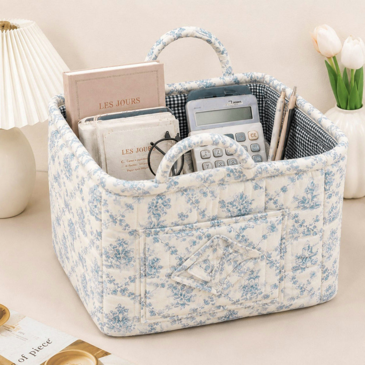 Quilted Floral Storage Caddy with Handles for Dorm Bathroom Vanity and Laundry Room