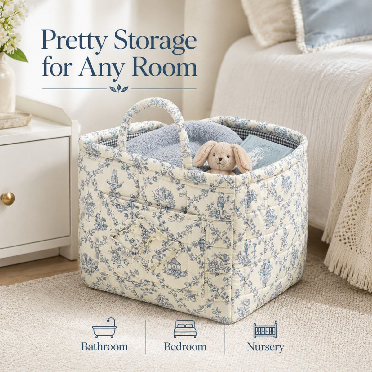 Quilted Floral Storage Caddy with Handles for Dorm Bathroom Vanity and Laundry Room