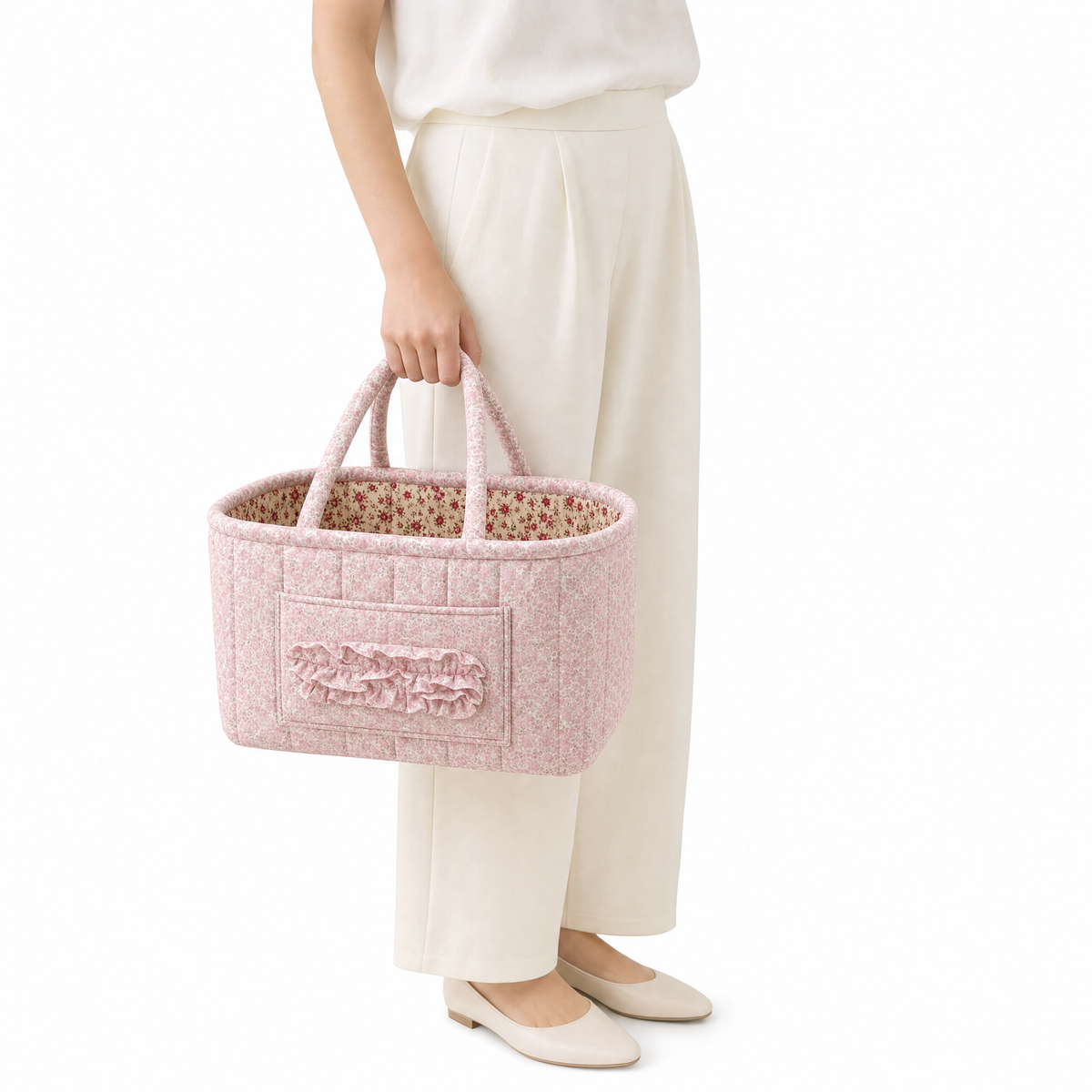 Quilted Floral Storage Caddy with Handles for Dorm Bathroom Vanity and Laundry Room
