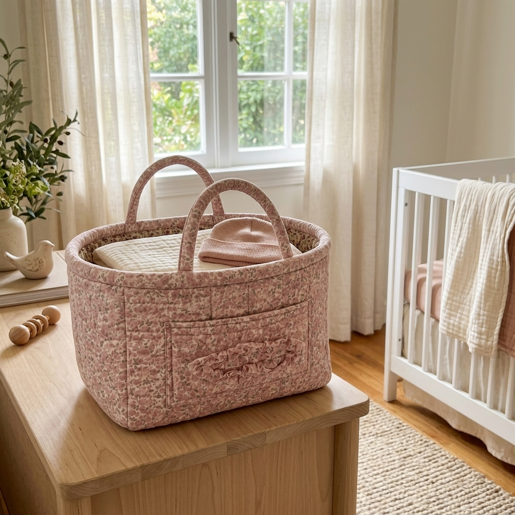 Quilted Floral Storage Caddy with Handles for Dorm Bathroom Vanity and Laundry Room