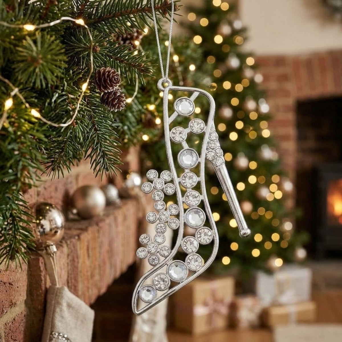 Silver Rhinestone Christmas Tree Ornament – High Heel Shoe or Snowman Hanging Decoration