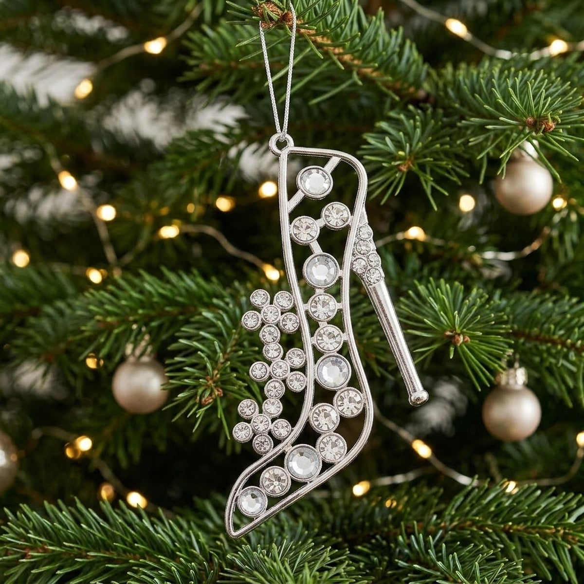 Silver Rhinestone Christmas Tree Ornament – High Heel Shoe or Snowman Hanging Decoration