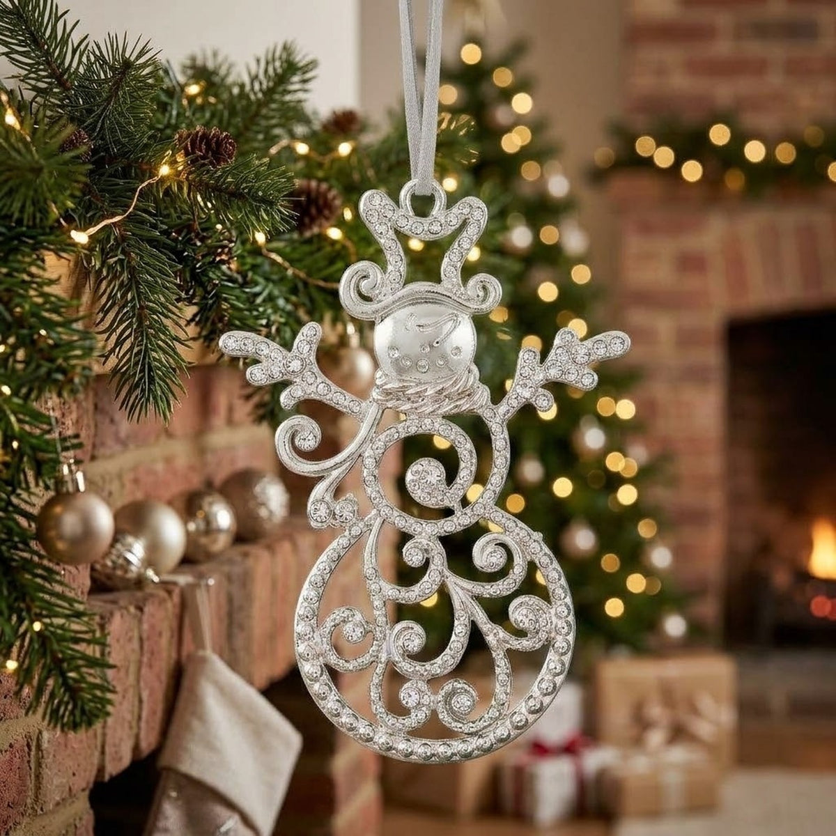 Silver Rhinestone Christmas Tree Ornament – High Heel Shoe or Snowman Hanging Decoration