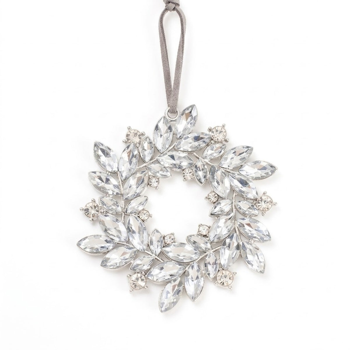 Silver Rhinestone Wreath Christmas Ornament – Crystal Cluster or Laurel Hanging Decoration
