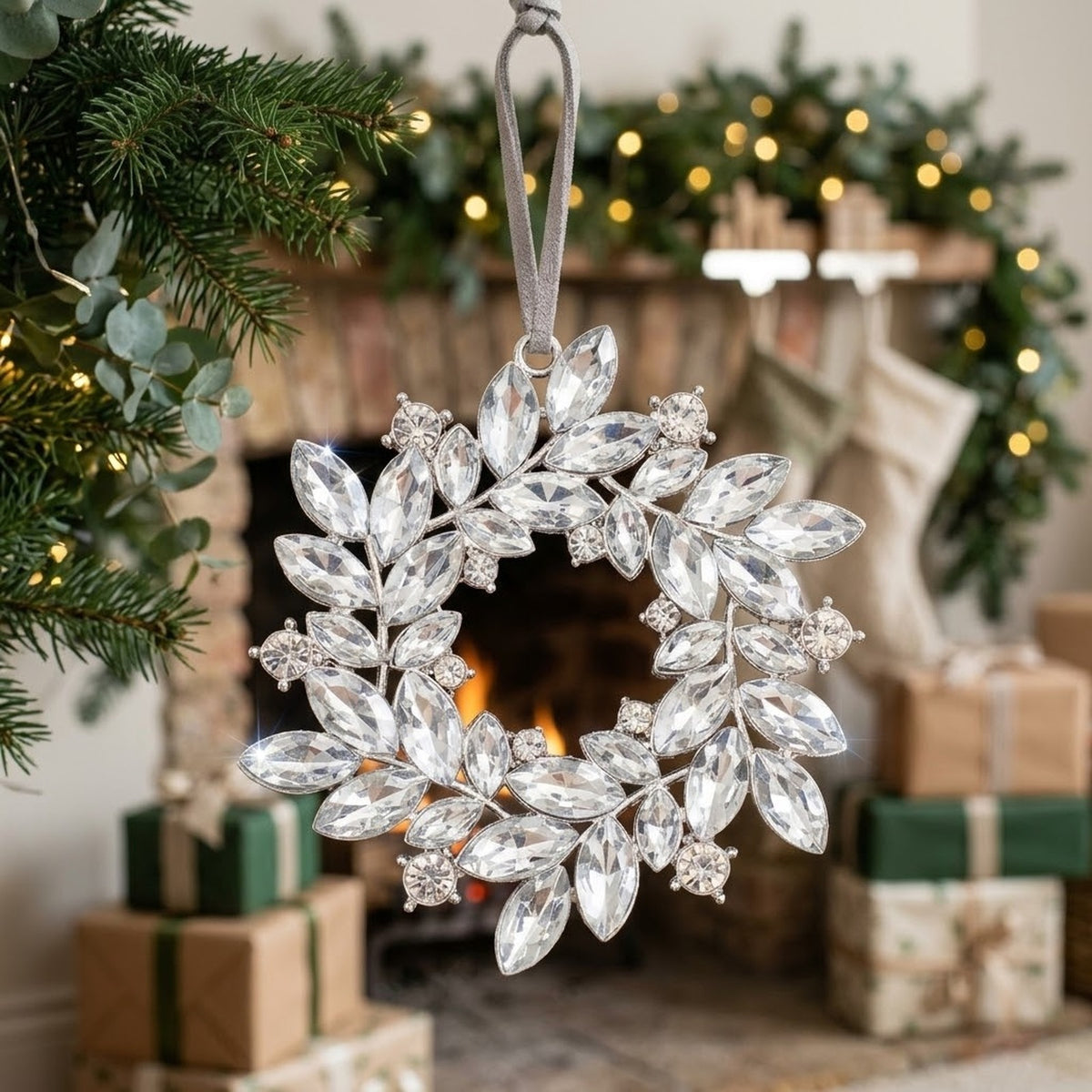Silver Rhinestone Wreath Christmas Ornament – Crystal Cluster or Laurel Hanging Decoration