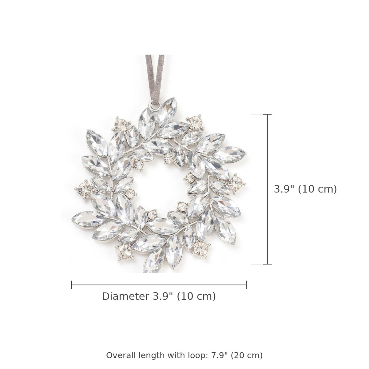 Silver Rhinestone Wreath Christmas Ornament – Crystal Cluster or Laurel Hanging Decoration