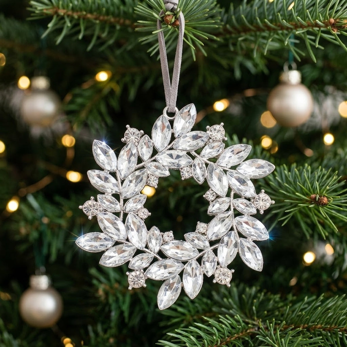 Silver Rhinestone Wreath Christmas Ornament – Crystal Cluster or Laurel Hanging Decoration