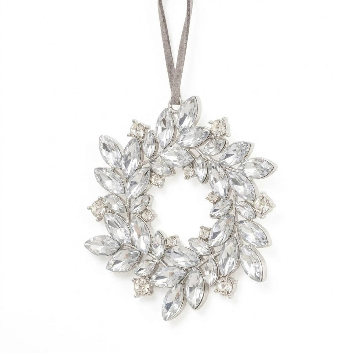 Silver Rhinestone Wreath Christmas Ornament – Crystal Cluster or Laurel Hanging Decoration