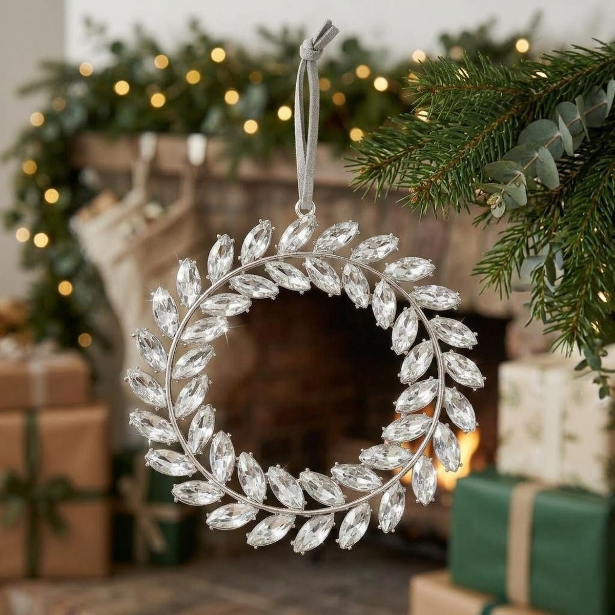 Silver Rhinestone Wreath Christmas Ornament – Crystal Cluster or Laurel Hanging Decoration