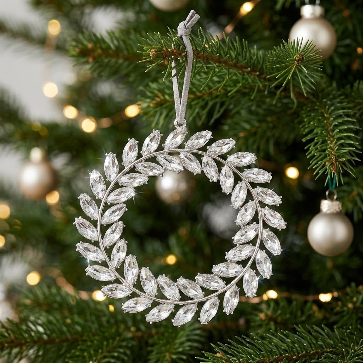 Silver Rhinestone Wreath Christmas Ornament – Crystal Cluster or Laurel Hanging Decoration