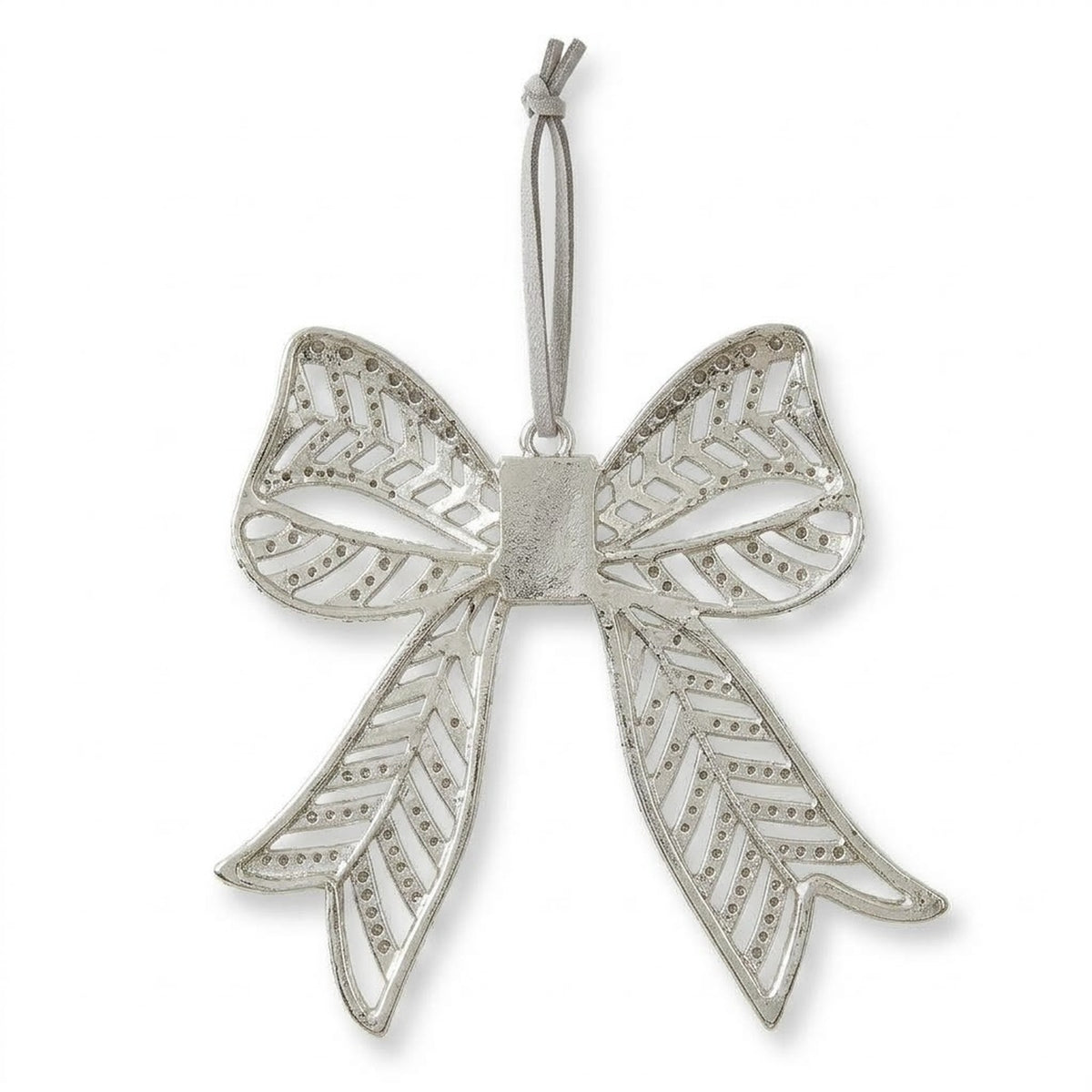 Silver Rhinestone Bow Christmas Ornament – Filigree Metal Bow Hanging Tree Decoration