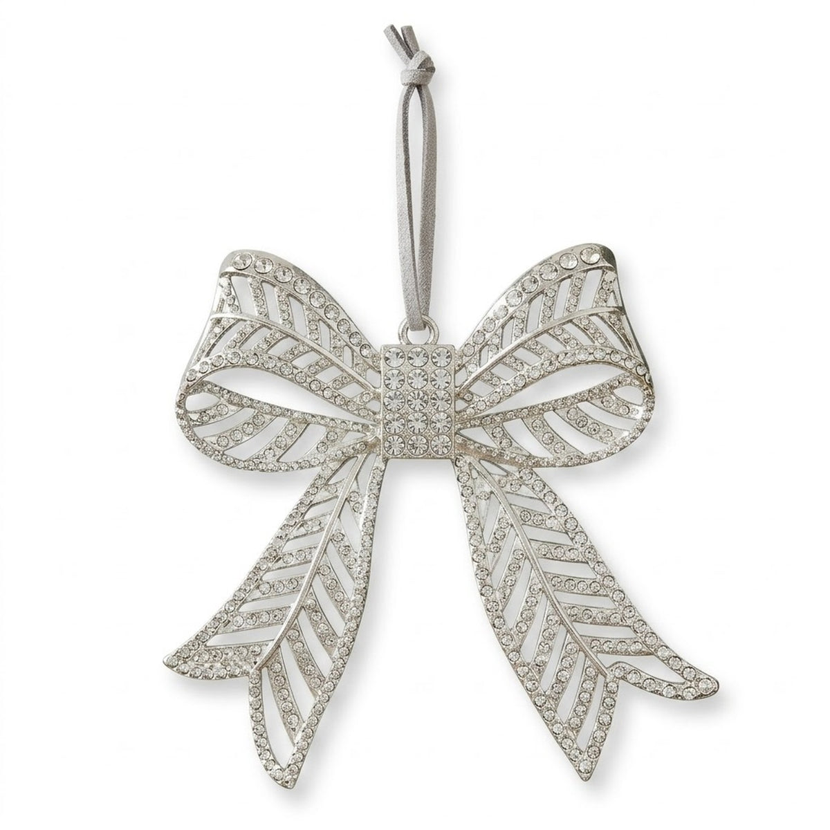 Silver Rhinestone Bow Christmas Ornament – Filigree Metal Bow Hanging Tree Decoration