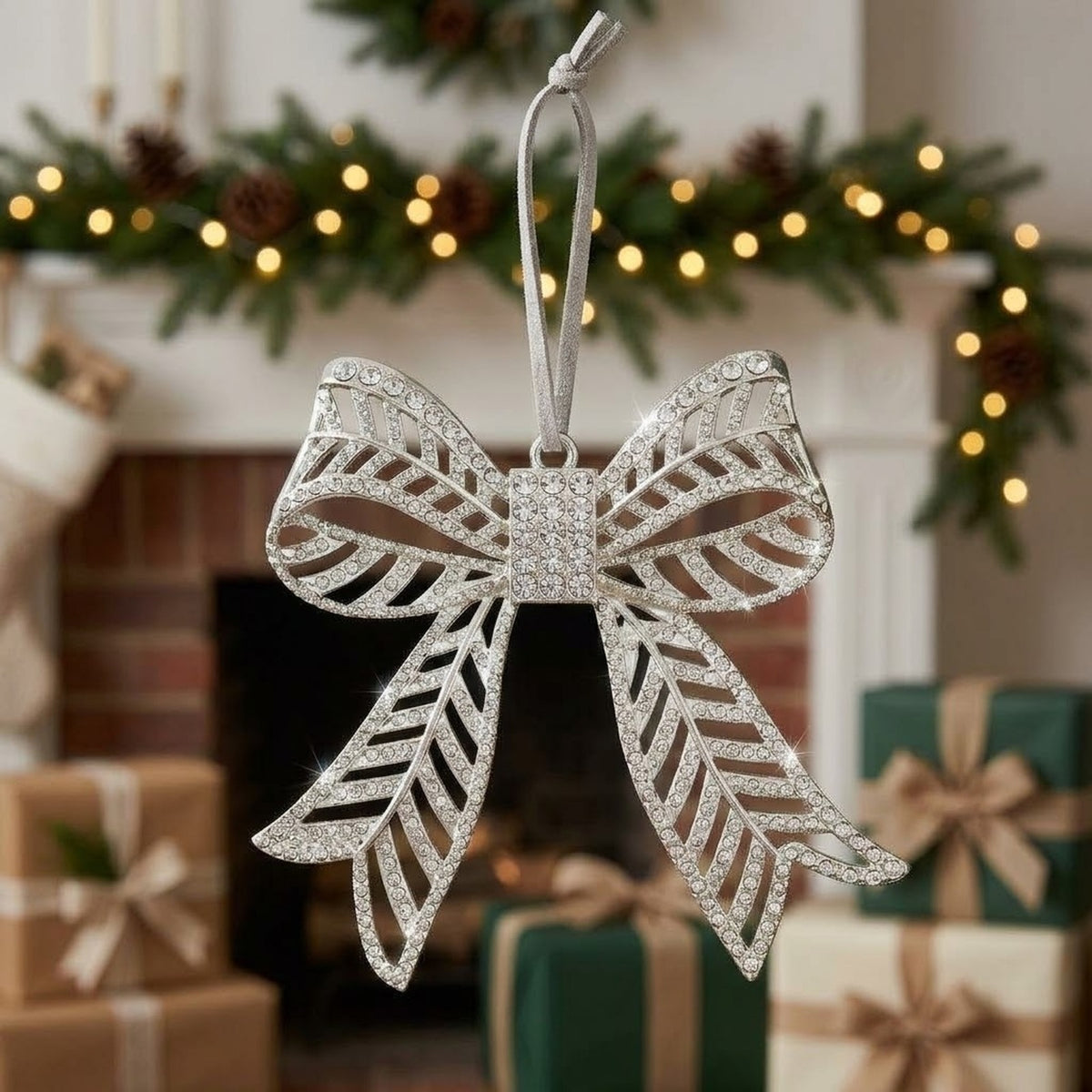 Silver Rhinestone Bow Christmas Ornament – Filigree Metal Bow Hanging Tree Decoration