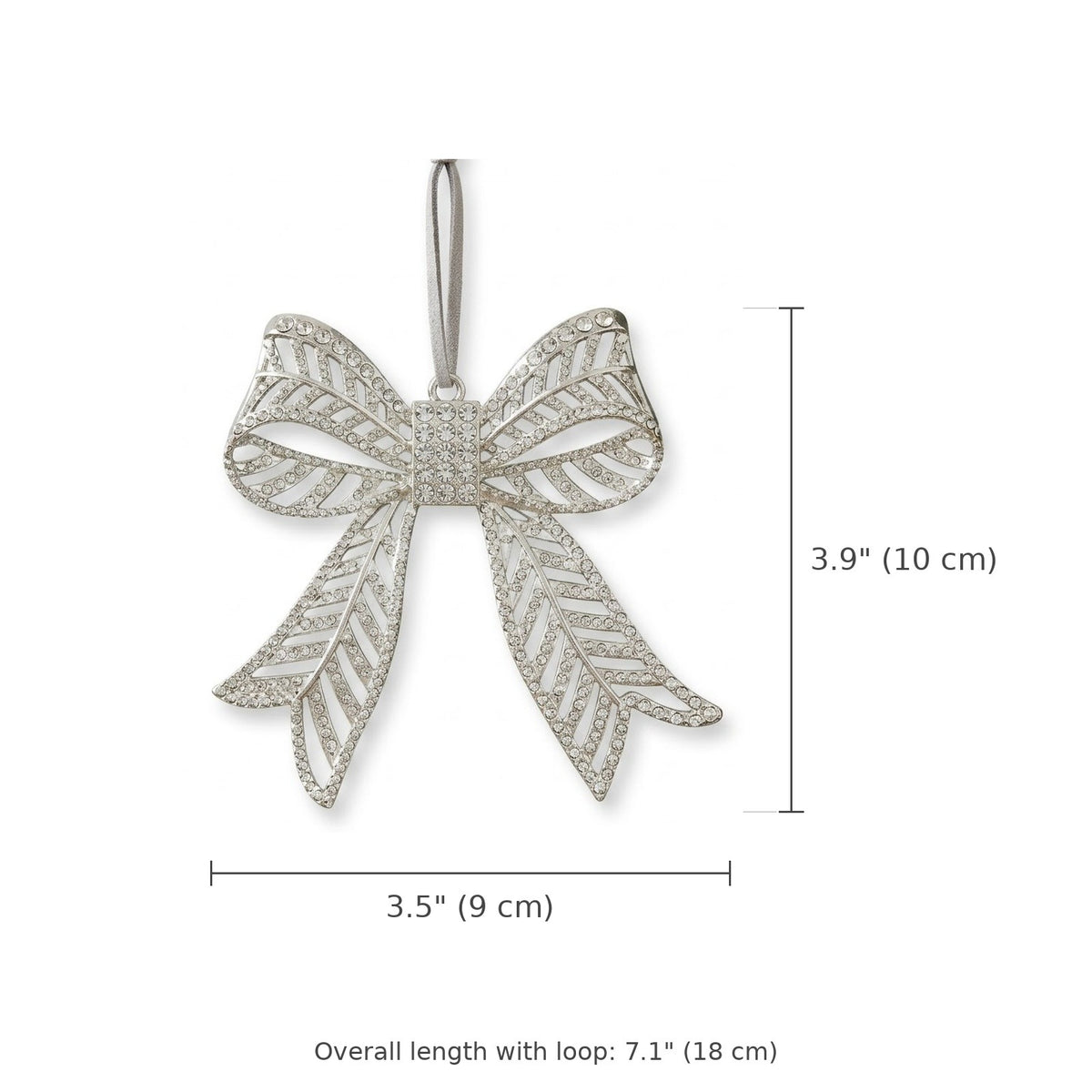 Silver Rhinestone Bow Christmas Ornament – Filigree Metal Bow Hanging Tree Decoration