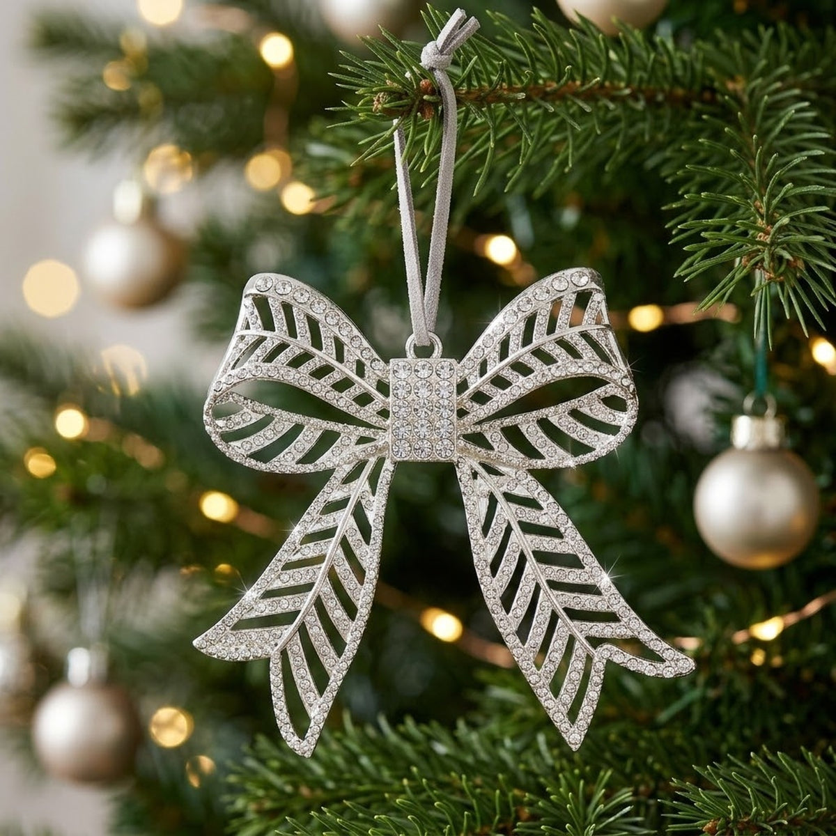 Silver Rhinestone Bow Christmas Ornament – Filigree Metal Bow Hanging Tree Decoration