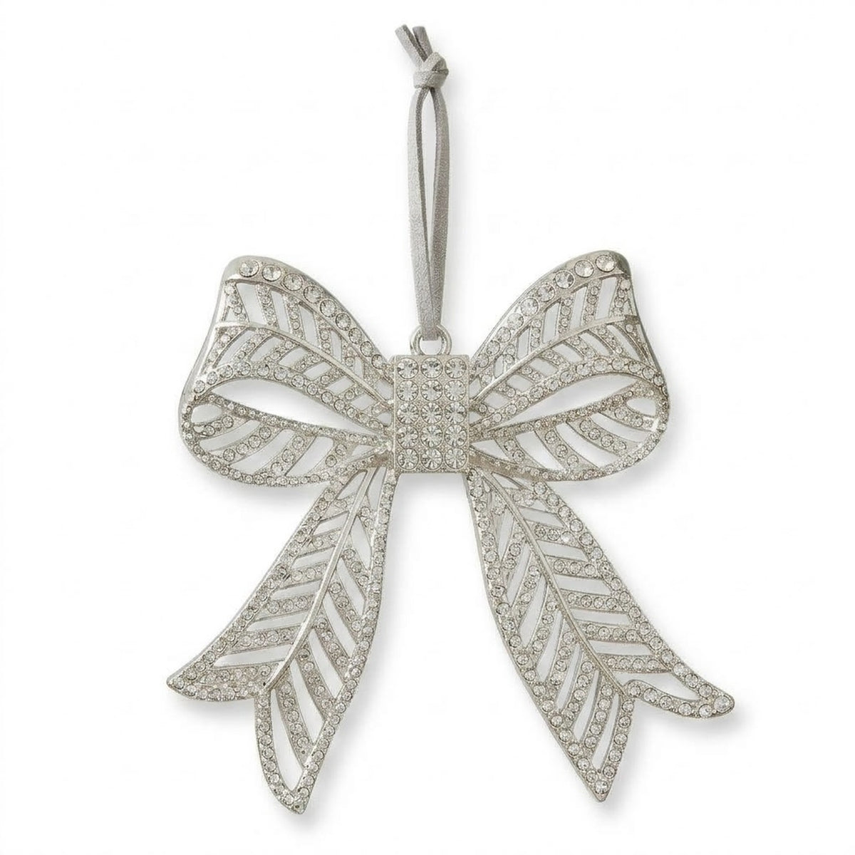 Silver Rhinestone Bow Christmas Ornament – Filigree Metal Bow Hanging Tree Decoration