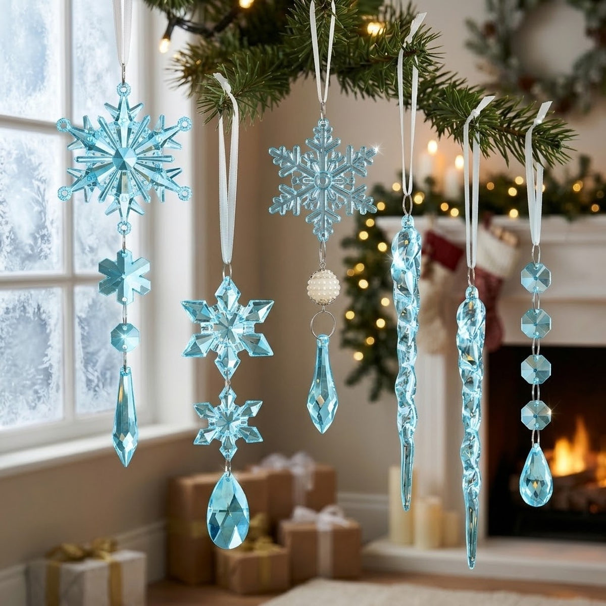 18-Piece Crystal Snowflake & Icicle Christmas Ornament Set – Acrylic Hanging Tree Decorations
