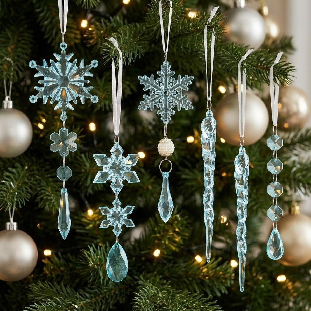 18-Piece Crystal Snowflake & Icicle Christmas Ornament Set – Acrylic Hanging Tree Decorations