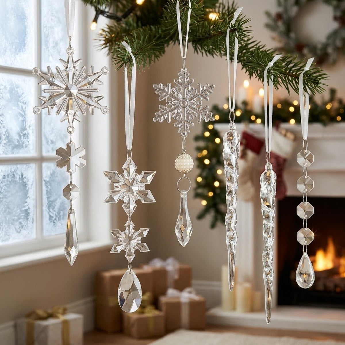 18-Piece Crystal Snowflake & Icicle Christmas Ornament Set – Acrylic Hanging Tree Decorations