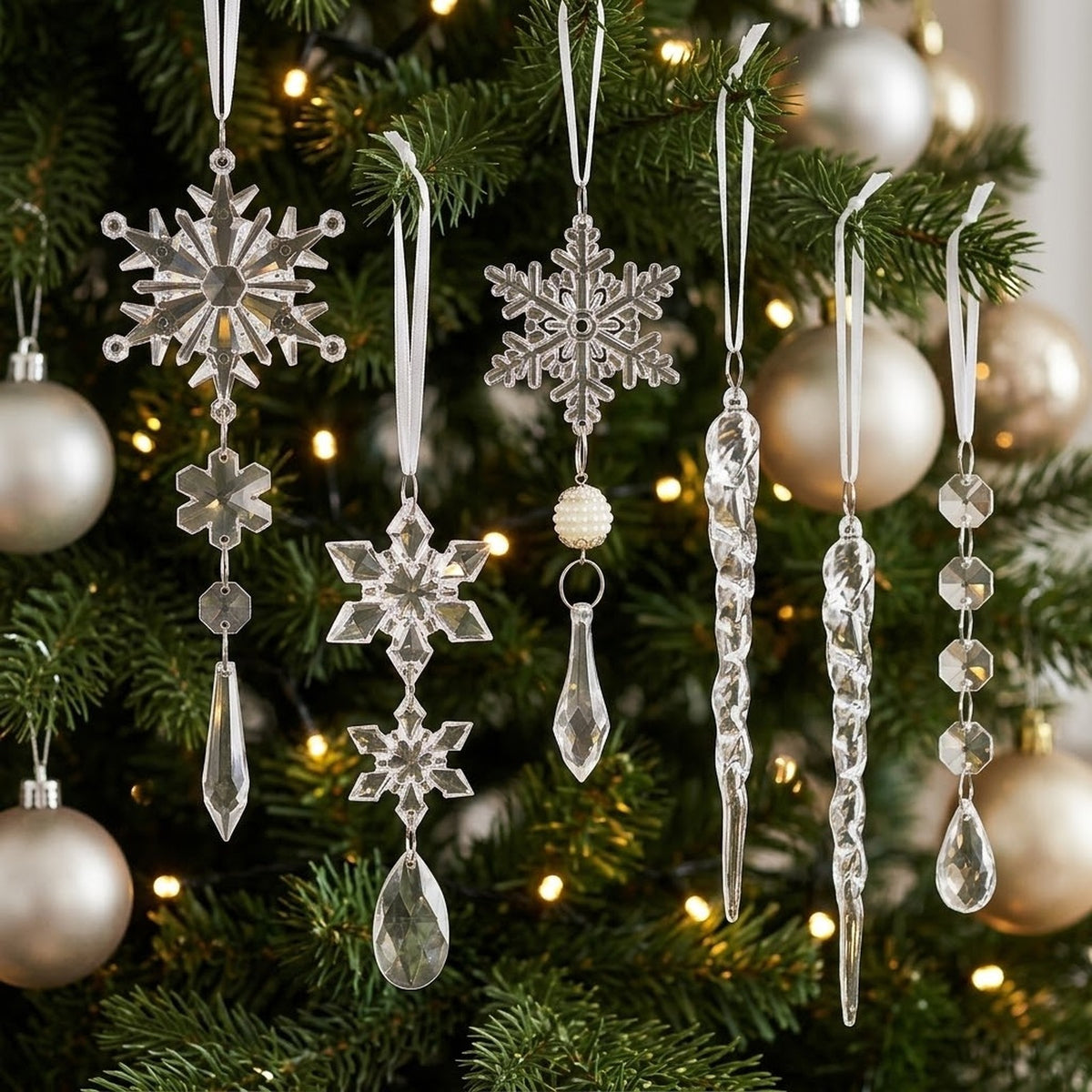 18-Piece Crystal Snowflake & Icicle Christmas Ornament Set – Acrylic Hanging Tree Decorations