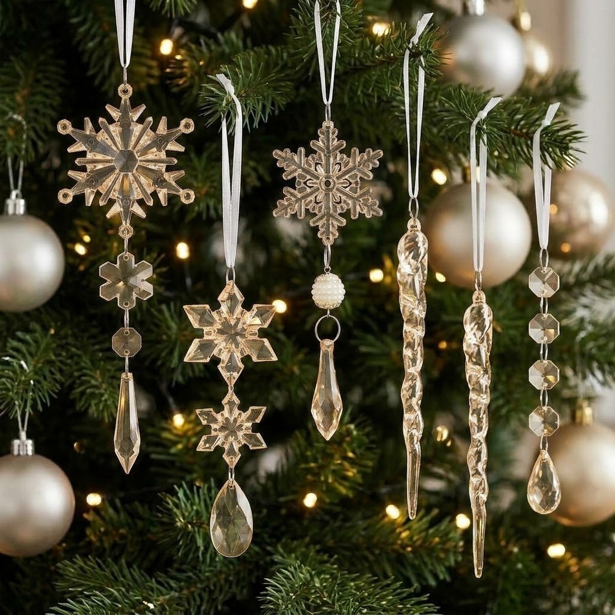 18-Piece Crystal Snowflake & Icicle Christmas Ornament Set – Acrylic Hanging Tree Decorations
