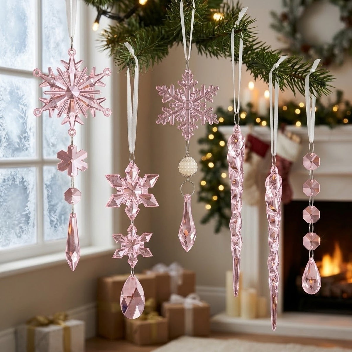 18-Piece Crystal Snowflake & Icicle Christmas Ornament Set – Acrylic Hanging Tree Decorations