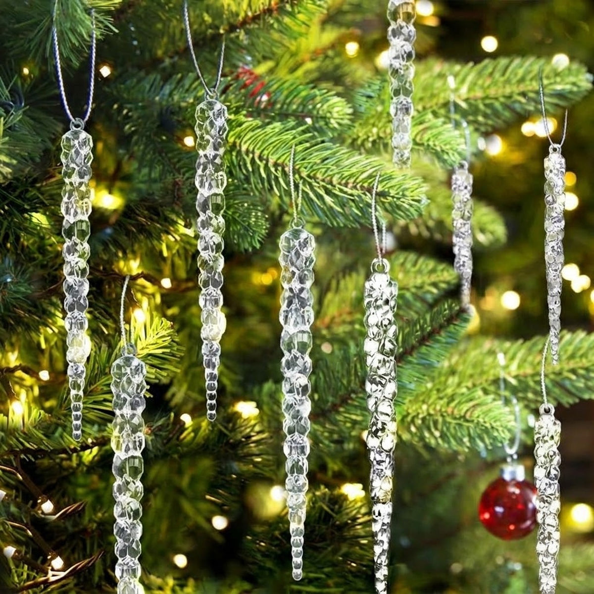 12-Piece Acrylic Icicle Christmas Ornaments – Twisted Crystal-Look Hanging Tree Decorations