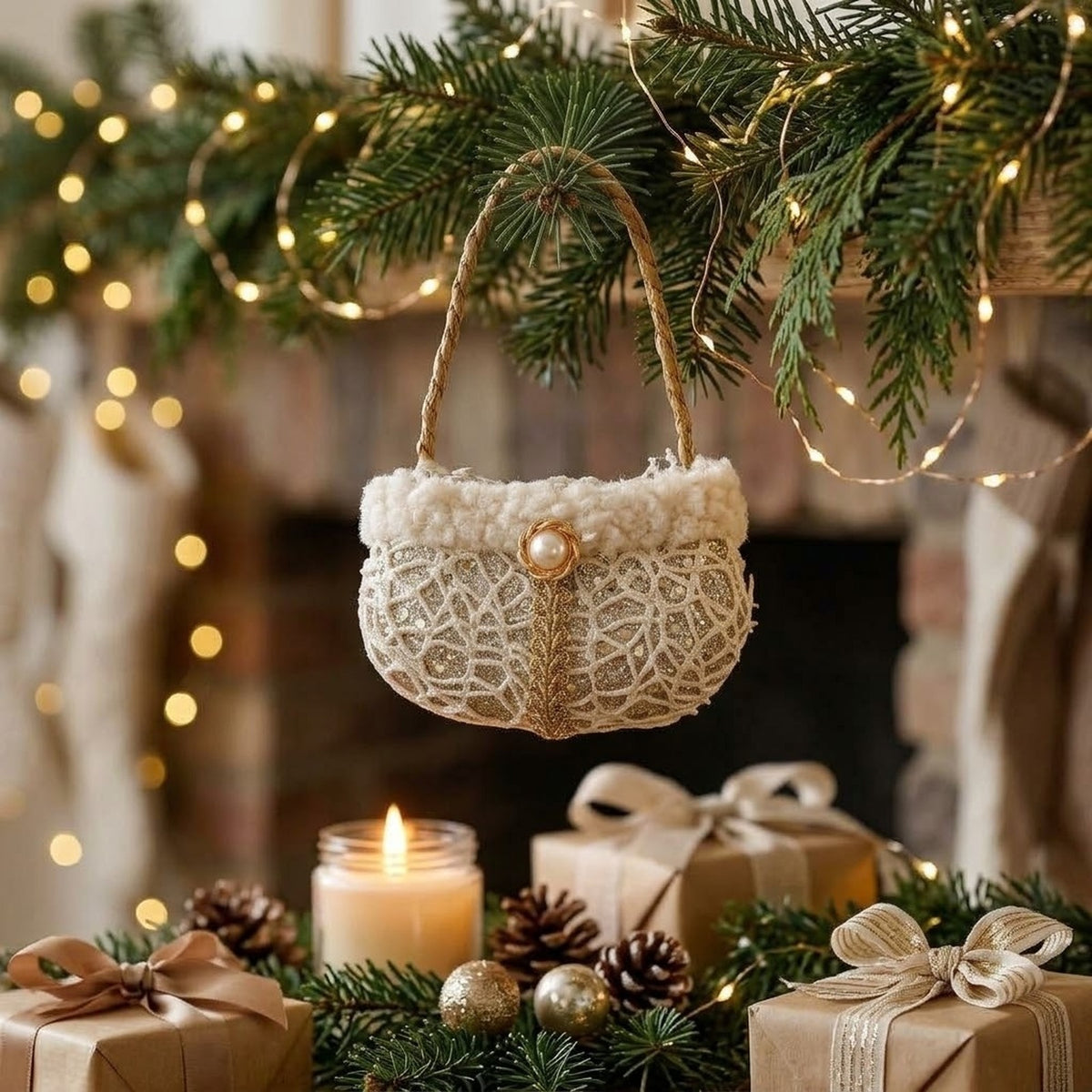 Champagne Lace Christmas Ornament – Tree, Handbag, Santa Hat, Boot or Mitten Hanging Decoration