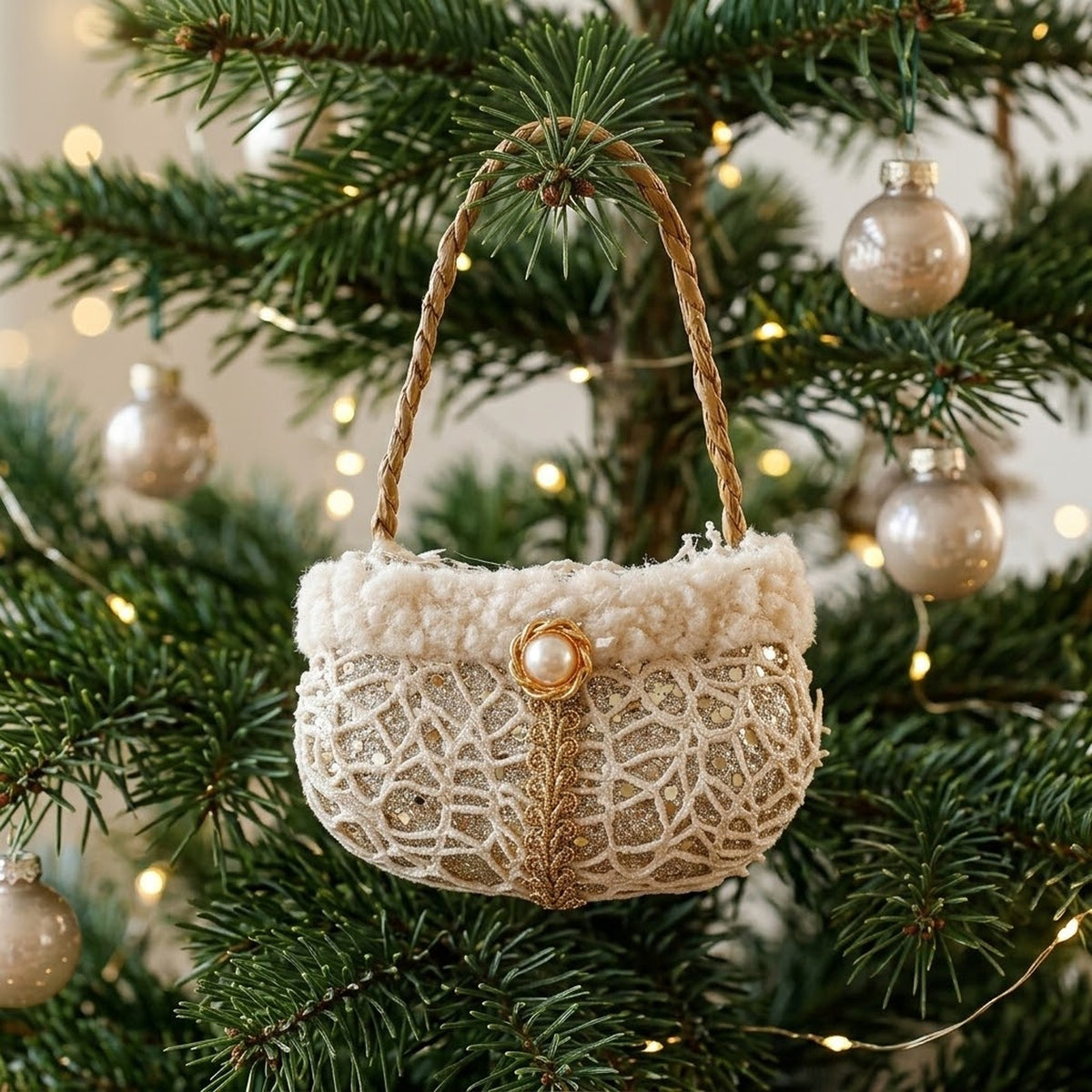 Champagne Lace Christmas Ornament – Tree, Handbag, Santa Hat, Boot or Mitten Hanging Decoration