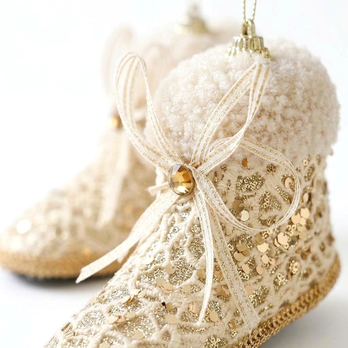 Champagne Lace Christmas Ornament – Tree, Handbag, Santa Hat, Boot or Mitten Hanging Decoration
