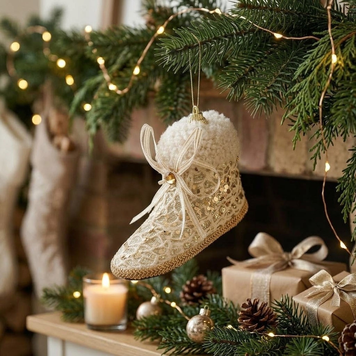 Champagne Lace Christmas Ornament – Tree, Handbag, Santa Hat, Boot or Mitten Hanging Decoration