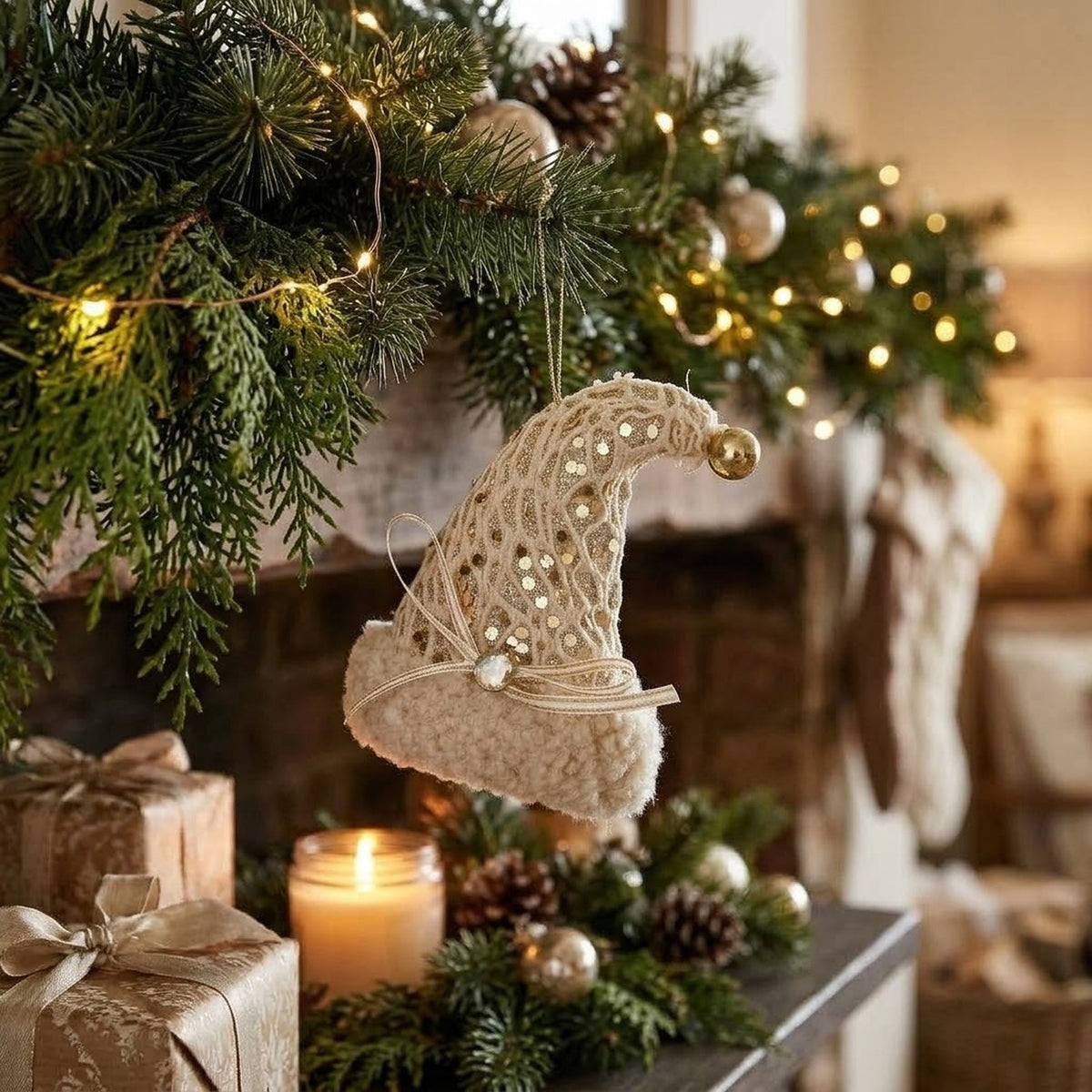 Champagne Lace Christmas Ornament – Tree, Handbag, Santa Hat, Boot or Mitten Hanging Decoration