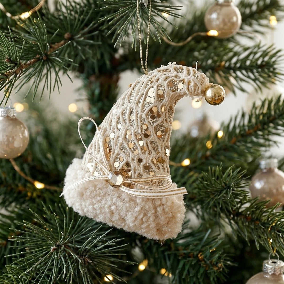 Champagne Lace Christmas Ornament – Tree, Handbag, Santa Hat, Boot or Mitten Hanging Decoration