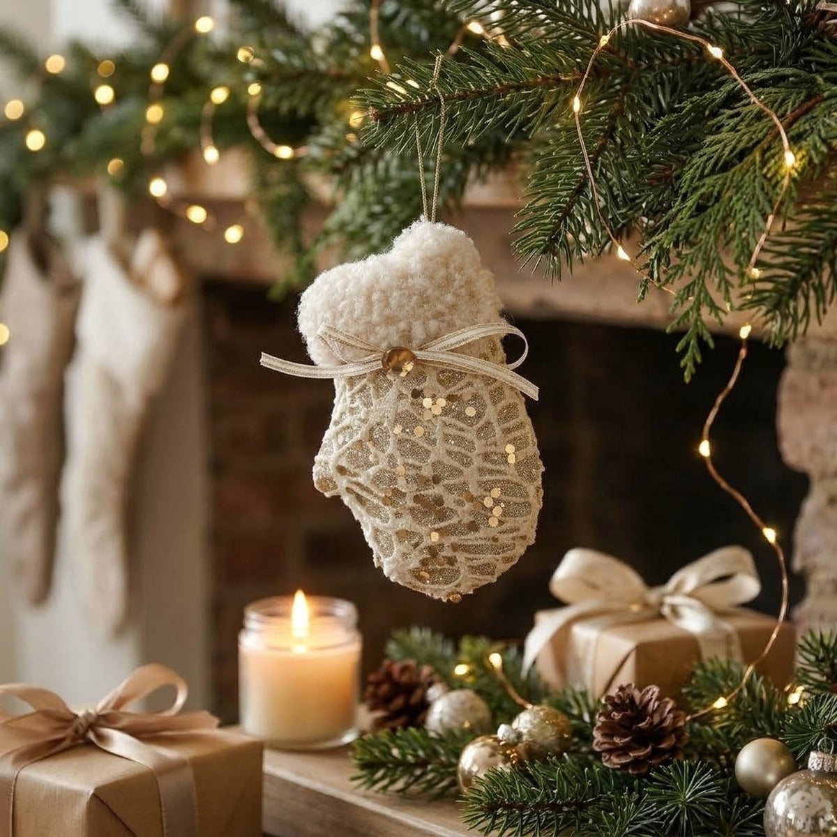 Champagne Lace Christmas Ornament – Tree, Handbag, Santa Hat, Boot or Mitten Hanging Decoration