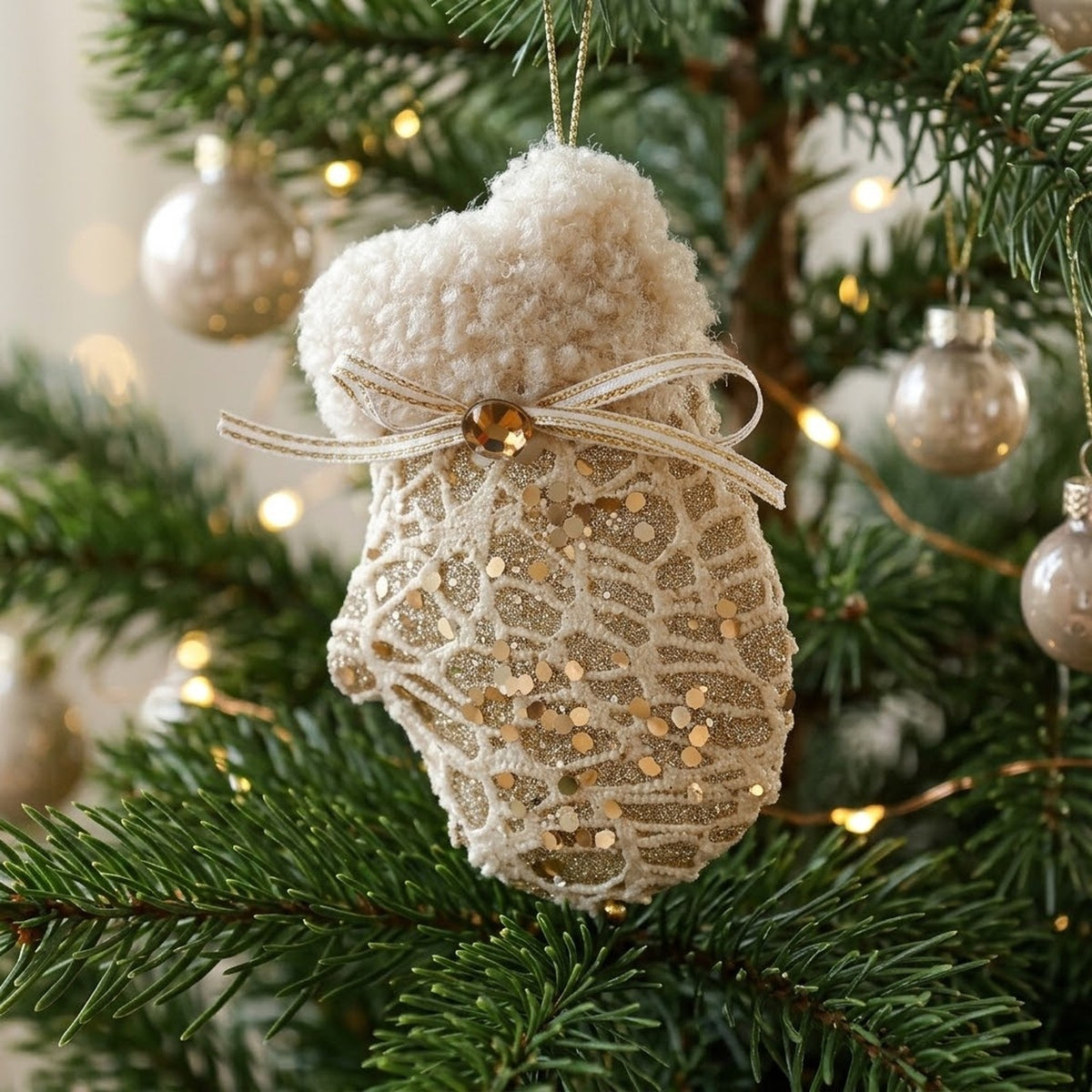 Champagne Lace Christmas Ornament – Tree, Handbag, Santa Hat, Boot or Mitten Hanging Decoration