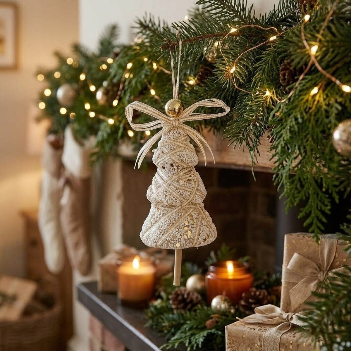 Champagne Lace Christmas Ornament – Tree, Handbag, Santa Hat, Boot or Mitten Hanging Decoration