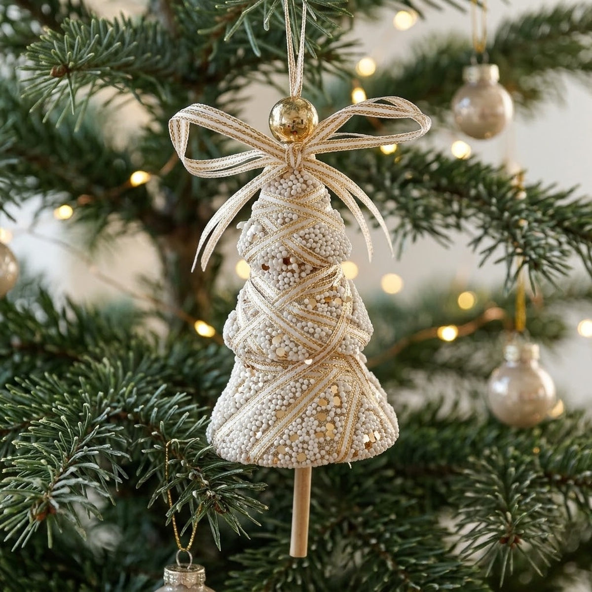 Champagne Lace Christmas Ornament – Tree, Handbag, Santa Hat, Boot or Mitten Hanging Decoration
